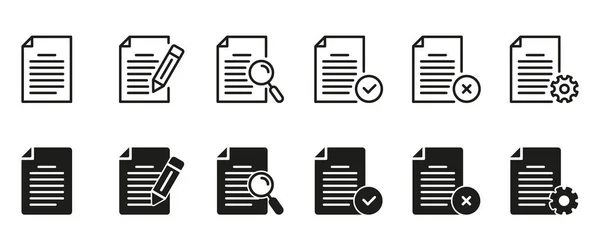 Икона "Файлы". Office Paper Pages, черная линия и силуэт иконок. Символ бизнес-документов с помощью карандаша, шестерни, лупы. Изолированная векторная иллюстрация — стоковый вектор