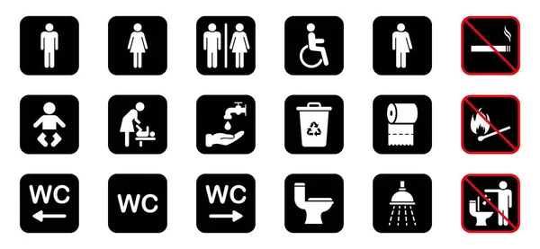 WC işareti seti. Tuvalet Odası Siluet Simgesi. Tuvalet, Banyo Piktogram. Anne ve Bebek Odası. Engelliler için umumi tuvalet, erkek, kadın, transseksüel. Sigara içilmez Icon. Vektör İllüstrasyonu