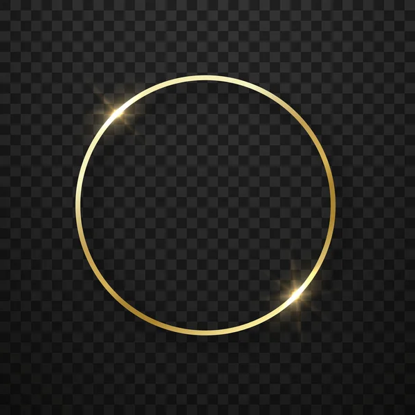 Golden Circle Frame with Sparkle Effect. Realistic Gold Shiny Round Border on Black Transparent Background. Mockup of Glowing Ring. Light Christmas Decoration. Isolated Vector Illustration — Stock Vector
