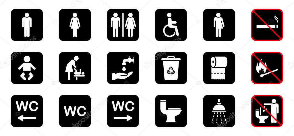 Set of WC Sign. Toilet Room Silhouette Icon. Restroom, Bathroom Pictogram. Mother and Baby Room. Public Washroom for Disabled, Male, Female, Transgender. No smoking Icon. Vector Illustration