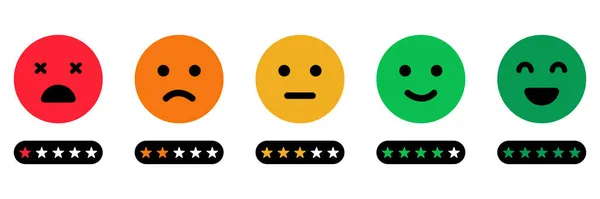Emoji Feedback Scale met Stars Icon. Level Survey van klanttevredenheid. Klanten Sood van Gelukkig Goed Gezicht tot Boos en Droevig Concept. Emoticon Terugkoppeling. Geïsoleerde vectorillustratie — Stockvector