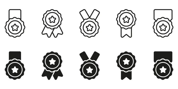Set of Black Silhouette and Line Medals with Ribbon and Stars. Rewards for Sport Champion on White Background. Round Outline Award Collection for Winner of Competition. Isolated Vector Illustration Stock Vector