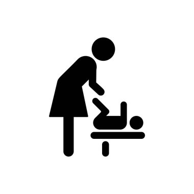Anne ve Bebek Odası Siluet Simgesi. Çocuk Bakımı Piktogramı 'nın sembolü. Bebek bezini değiştirmek için Bebek Masası 'nın olduğu tuvalet. Bebek bezi değiştirme tuvaleti. İzole Vektör İllüstrasyonu