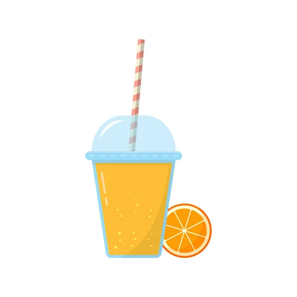 Świeży sok pomarańczowy w szkle z ilustracją czapki. Koktajle z owoców lodu w plastikowym kubku ze słomką. Kawałek pomarańczy i świeża ilustracja lemoniady. Izolowany wektor — Wektor stockowy