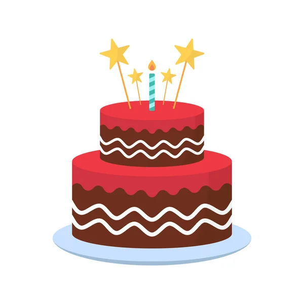 Νόστιμο κέικ με κεριά για πάρτι γενεθλίων. Χαριτωμένο κέικ με παγωτό στο πιάτο για γενέθλια, επέτειο, γάμο. Πολύχρωμο γλυκό νόστιμο αρτοποιείο. Μεμονωμένη απεικόνιση διανύσματος — Διανυσματικό Αρχείο