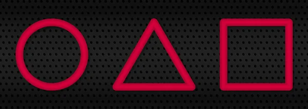 Cerchio rosso realistico, triangolo, quadrato su sfondo nero in metallo. Figure geometriche Segno. Illustrazione vettoriale isolata — Vettoriale Stock