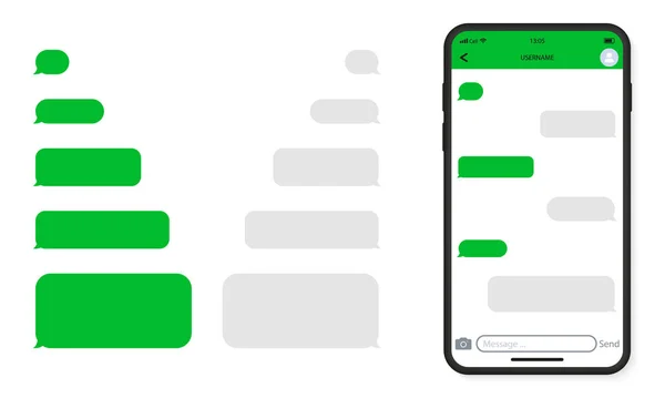 Πρότυπο Messenger Chat στο κινητό τηλέφωνο. Mockup Smartphone και κενό εικονίδιο Φούσκα Ομιλία. Διασύνδεση Mobile App. Μεμονωμένη απεικόνιση διανύσματος — Διανυσματικό Αρχείο