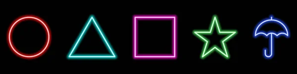 Forme geometriche al neon luminose su sfondo nero. Colore cerchio, triangolo, quadrato, stella, ombrello luminoso al neon segno. Forme geometriche colorate. Illustrazione vettoriale isolata — Vettoriale Stock
