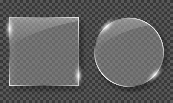 Collection of Shiny Plates on Transparent Background with Silver Frame and Shadow (англійською). The Clear Realistic Square and Circle Glasses Збирається зі склом із ефектом Glossy. Ізольований Вектор — стоковий вектор