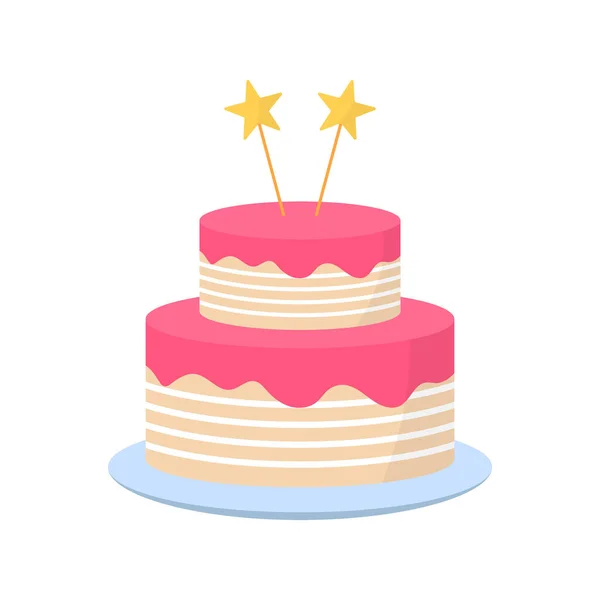 Výborný dort k narozeninám, výročí, svatba. Barevná sladká pekárna. Roztomilý dort s růžovou zmrzlinou na talíři. Izolovaná vektorová ilustrace — Stockový vektor