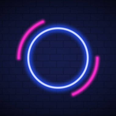Neon Blue ve Pembe Lamba 'nın Mockup' ı Wall for Party, Cafe, Club 'da. Karanlık Tuğla Duvardaki Parlak Neon Çerçeveler. Neon Led Sınır Çemberi Şekliyle çerçevelenmiş. İzole Vektör İllüstrasyonu