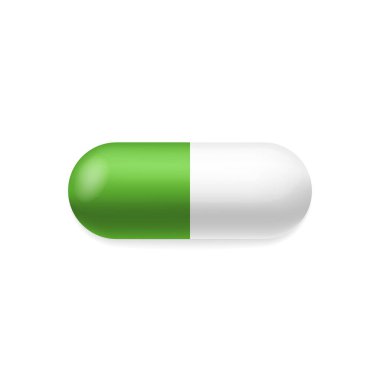 Tıbbi Kapsül ve Tablet. Beyaz Arkaplanda Gerçekçi Yeşil Hap. Tıbbi ve Sağlık Konsepti. Şablon Eczacılık Medicament. İzole Vektör İllüstrasyonu