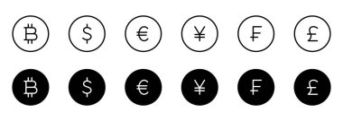 Dünya Para Çizgisi ve Siluet Simgesi Ayarları. Euro, Usd Doları, Bitcoin, Yen, Franc, Sterling Pictogram. Para Sembolleri ve Kripto Para İşareti. Düzenlenebilir Vuruş. İzole Vektör İllüstrasyonu