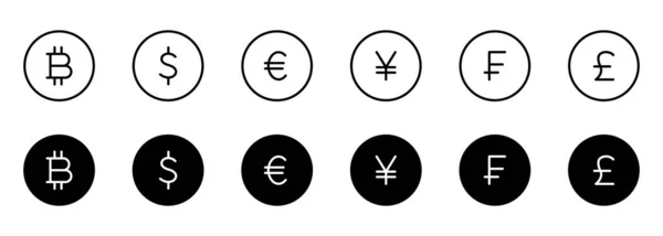 World Currency Line och Silhouette Icon Set. Euro, Usd Dollar, Bitcoin, Yen, Franc, Pund Sterling piktogram. Pengar symboler och Cryptocurrency Sign. Redigerbar Stroke. Isolerad vektorillustration — Stock vektor