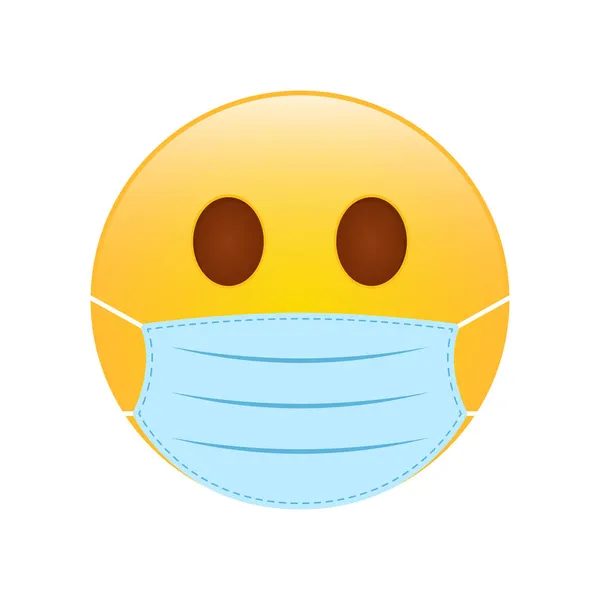 Maschera Emoji Gialla in Maschera Medica Blu. Protezione di Coronavirus Smile Sign. Emoticon in maschera chirurgica. Simbolo di Emoji Corona. Illustrazione vettoriale isolata — Vettoriale Stock