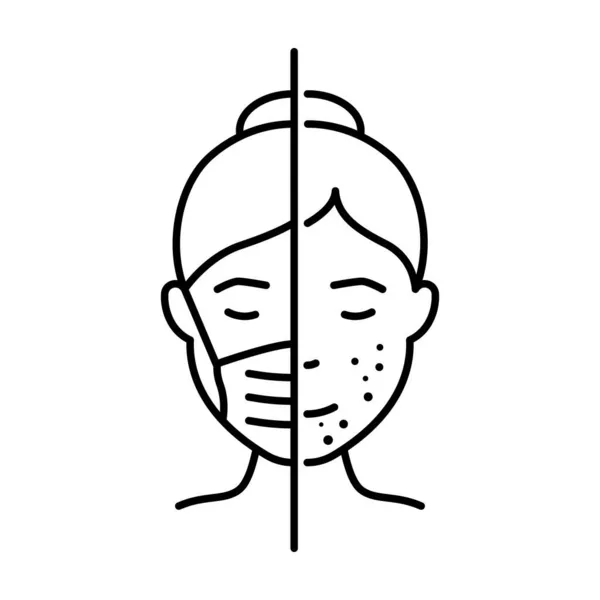 Maskne Facial Skin Irritation Line Icon. Lady with Mask Acne Face Trouble Linear Pictogram. Comedo, Pimple, Allergic Cause Wear Medical Mask Outline Icon. Editable Stroke. Vector Illustration — Stock Vector