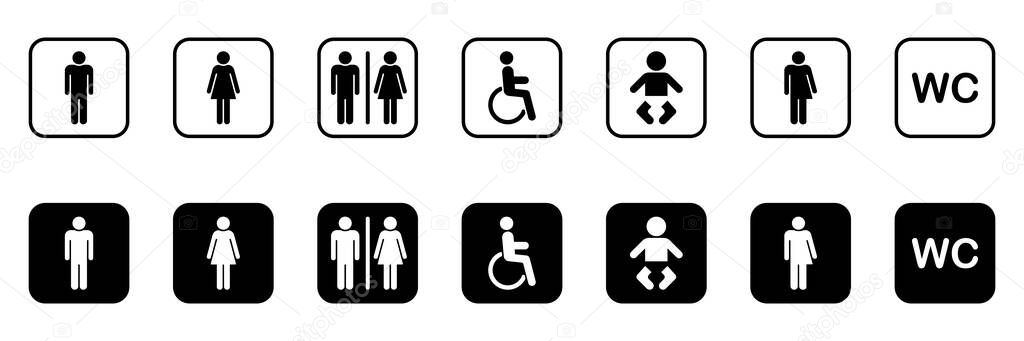 Set of Toilet Silhouette Icon. Collection of Symbols Restroom. Mother and Baby Room. Sign of Washroom for Male, Female, Transgender, Disabled. WC Sign on Door for Public Toilet. Vector Illustration