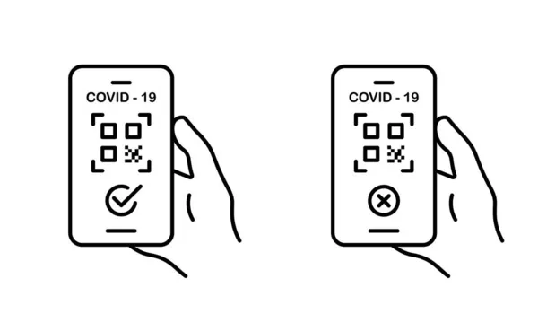 携帯電話のQRコードで健康パスポート。スマートフォンのラインアイコンで有効かつ有効ではない健康パスポート。Covid 19パンデミック概要アイコンのパスポート証明書を確認しました。絶縁ベクトルイラスト — ストックベクタ