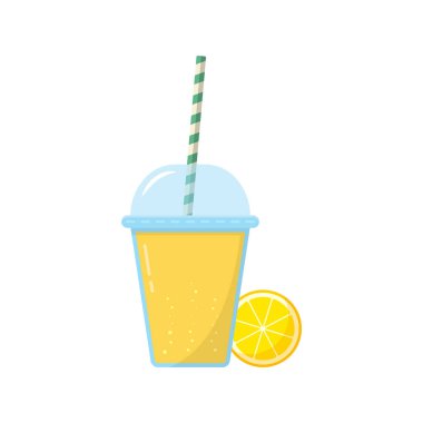 Cap ve Straw Illustration ile Limonata in Glass. Beyaz Arkaplanda Taze Meyve Suyu ile Limon Dilimi. Kupada Ice Fruit Kokteylleri. Sağlıklı içecek. İzole Vektör