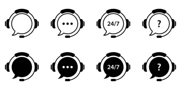 Customer Support Service Line en Silhouette Icon. Hotline Symbool Set. Rond Klok Telefoon en Online Help Pictogram. Koptelefoon Ikoon. Geïsoleerde vectorillustratie — Stockvector