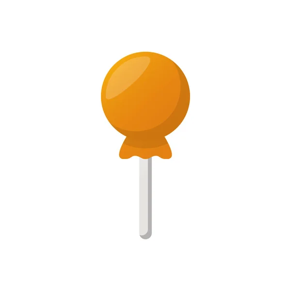 Sweet Caramel with Wrapper on Stick illustration. Orange Lollipop on Stick. Cute Tasty Candy and Party Treat on White Background. Isolated Vector — Stock Vector