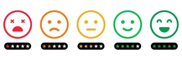 Emoji Feedback Scale met Stars Line Icon. Klanten Sood van Gelukkig Goed Gezicht tot Boos en Droevig Concept. Emoticon Terugkoppeling. Level Survey van klanttevredenheid. Geïsoleerde vectorillustratie — Stockvector