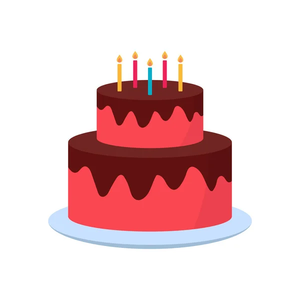 Νόστιμο κέικ με κεριά για πάρτι γενεθλίων. Cute Cake with Icing Chocolate Cream on Plate για Γενέθλια, Επέτειος, Γάμος. Πολύχρωμο γλυκό νόστιμο αρτοποιείο. Μεμονωμένη απεικόνιση διανύσματος — Διανυσματικό Αρχείο