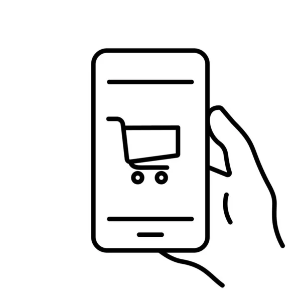 Smartphone con il simbolo del carrello per lo shopping online Outline Icona. Acquisto online nell'icona della linea telefonica cellulare. Pittogramma sul commercio su Internet. Acquista Prodotto sul Telefono. Ictus modificabile. Illustrazione vettoriale isolata — Vettoriale Stock