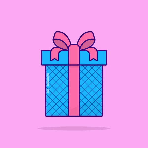Μπλε κουτί δώρου με κορδέλα τόξο. Έκπληξη για γενέθλια, Χριστούγεννα, Πρωτοχρονιά, Γάμος, Επέτειος. Παρουσιάστε το πλαίσιο σε περιτύλιγμα σε πολύχρωμο φόντο. Επίπεδο στυλ κινουμένων σχεδίων. Μεμονωμένη απεικόνιση διανύσματος — Διανυσματικό Αρχείο