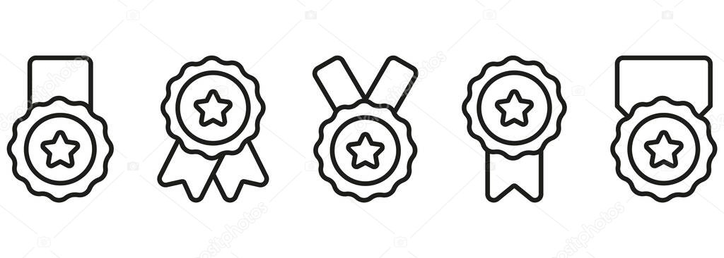 Outline Rewards for Sport Champion. Black Line Medals with Ribbon and Stars Set. Round Outline Award Collection for Winner of Competition. Editable Stroke. Isolated Vector Illustration Royalty Free Stock Vectors