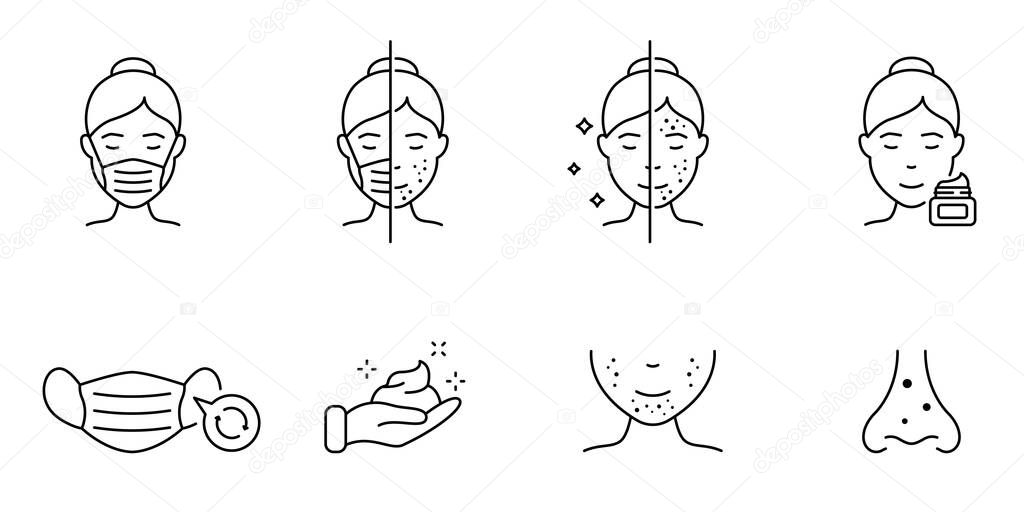 Facial Acne Line Icon. Woman with Maskne, Pimple, Blackhead Linear Pictogram. Skin Face Trouble and Facial Hygiene. Outline Icon. Editable Stroke. Isolated Vector Illustration