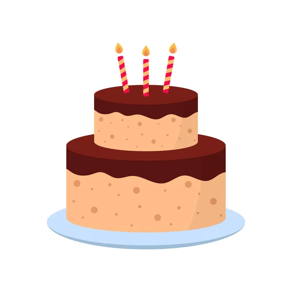 Νόστιμο κέικ με κεριά για πάρτι γενεθλίων. Πολύχρωμο γλυκό νόστιμο αρτοποιείο. Cute Cake with Icing Chocolate Cream on Plate για Γενέθλια, Επέτειος, Γάμος. Μεμονωμένη απεικόνιση διανύσματος — Διανυσματικό Αρχείο
