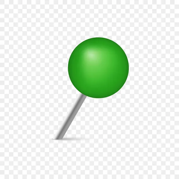 Pushpin com agulha de metal e cabeça verde. Office Thumbtack para placa de aviso e anexar papel na parede. Pin plástico do impulso do círculo no fundo transparente. Ilustração Vectorial Isolada — Vetor de Stock