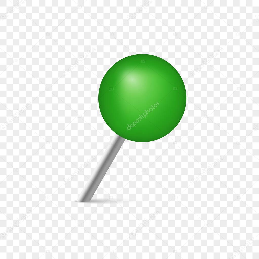 Pushpin with Metal Needle and Green head. Office Thumbtack for Notice Board and Attach Paper on Wall. Plastic Circle Push Pin on Transparent Background. Isolated Vector Illustration