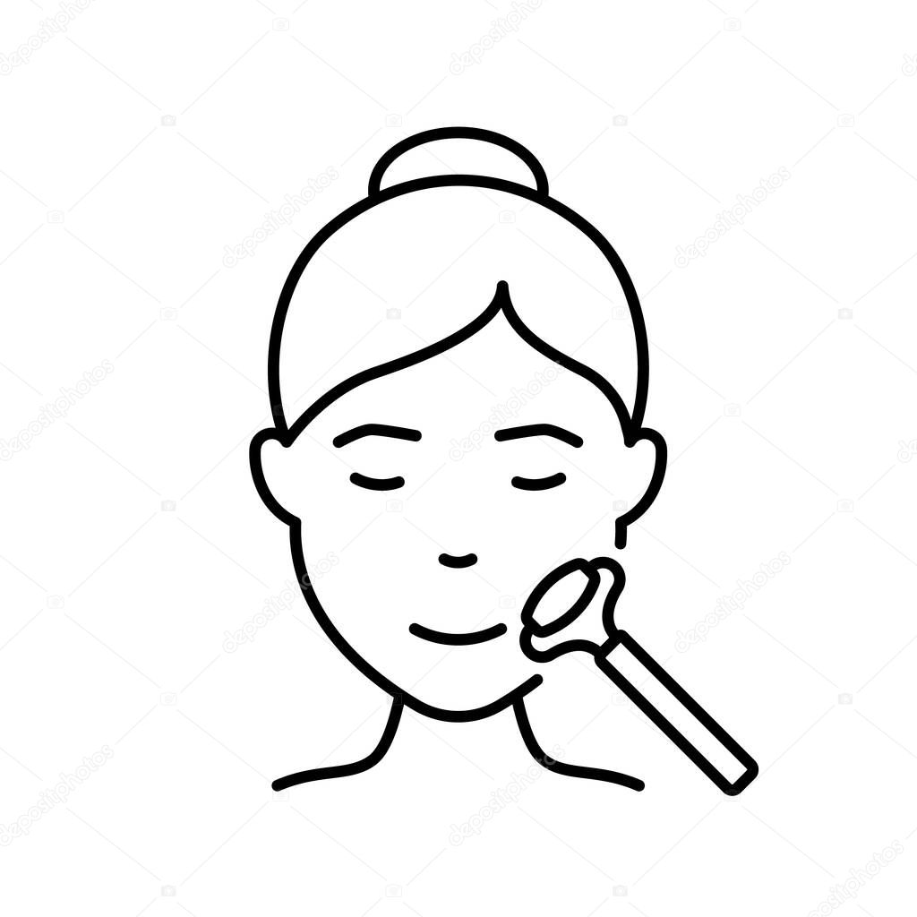 Woman Facial Massage with Roller Line Icon. Jade Roller for Girl Face Massage Linear Pictogram. Beauty Relax Procedure for Female Skin Face Outline Icon. Editable Stroke. Isolated Vector Illustration.