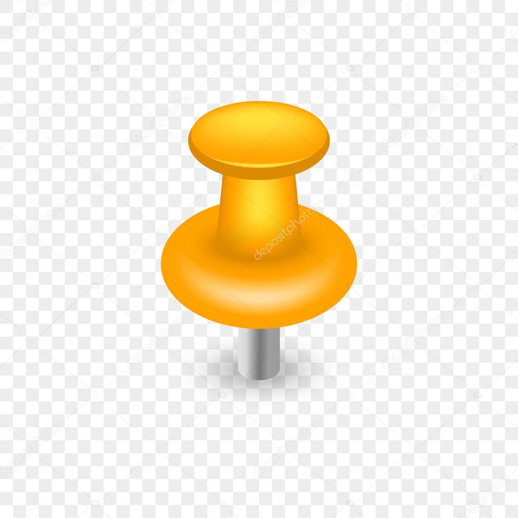 Yellow Plastic Push Pin Button. Single Thumbtack with Needle on Transparent Background. Realistic Yellow Pushpin for Tack Paper on Notice Board. Office Stationery. Isolated Vector Illustration