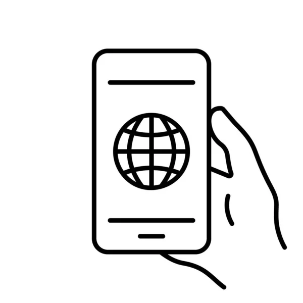 Conexión a Internet en la línea de teléfono móvil Icono. Smartphone in Hand with Globe on Screen Pictograma lineal. Sitio web en línea en el icono del contorno del teléfono celular. Trazo Editable. Ilustración vectorial aislada — Vector de stock