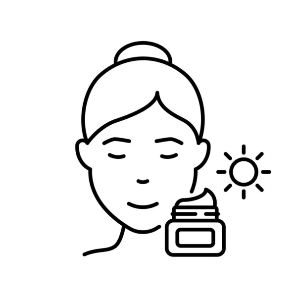 Ragazza Usa la protezione solare, Sun Block Cream Outline Icon. Donna e Crema Idratante Day per Skin Line Icon. Protezione della pelle dei raggi UV. Ictus modificabile. Illustrazione vettoriale isolata — Vettoriale Stock