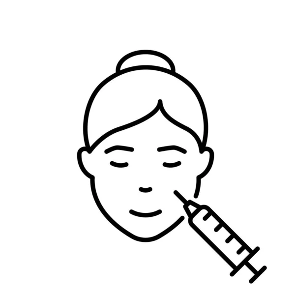 Tratamientos Antienvejecimiento para Mujeres. Icono de línea de inyección facial para mujer. Botox, Relleno, Mesoterapia, Anti Envejecimiento Icono del Esquema del Procedimiento. Cosmetology Skin Care for Girl Face Pictogram (en inglés). Ilustración vectorial — Archivo Imágenes Vectoriales