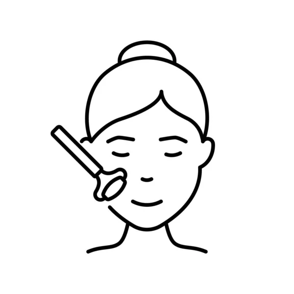 Διαδικασία φροντίδας του δέρματος και μασάζ προσώπου με εικονίδιο Roller Line. Jade Roller για μασάζ προσώπου και χαλάρωση περίγραμμα εικονίδιο. Ομορφιά Χαλαρώστε τη διαδικασία για το γυναικείο δέρμα περίγραμμα προσώπου εικονίδιο. Εικονογράφηση διανύσματος — Διανυσματικό Αρχείο