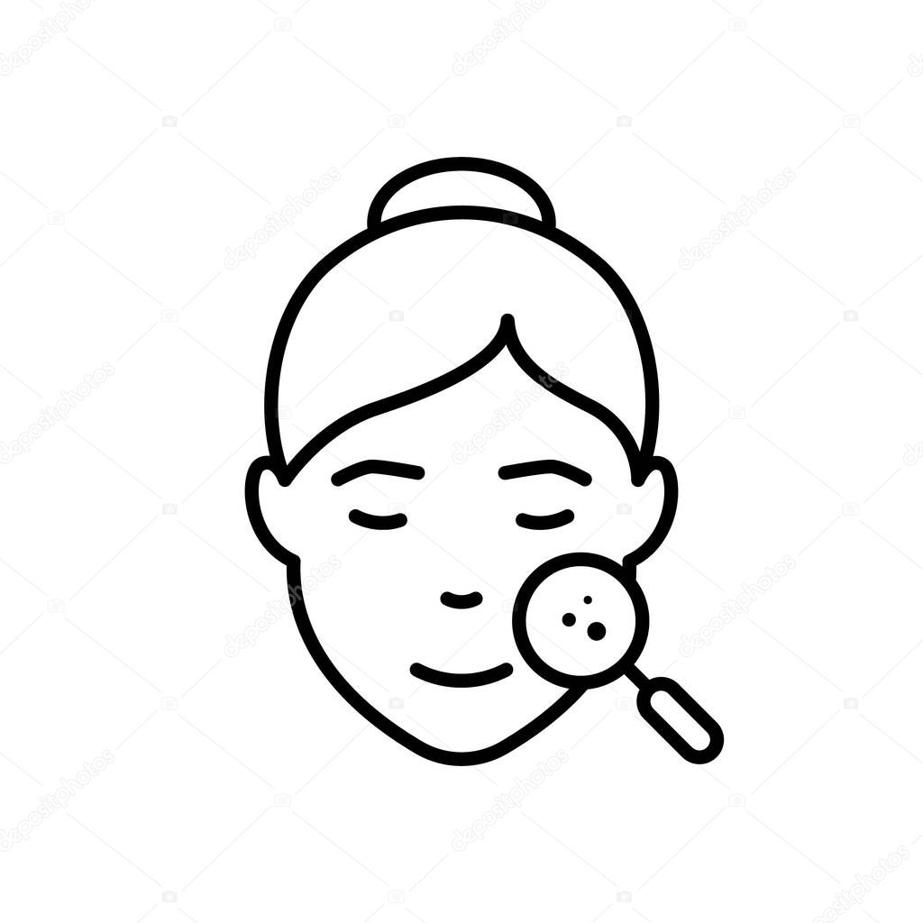 Dermatology Examination of Woman Skin Line Icon. Checkup of Girl Skin Face with Magnifier Linear Pictogram. Facial Skin Care Outline Icon. Editable Stroke. Isolated Vector Illustration