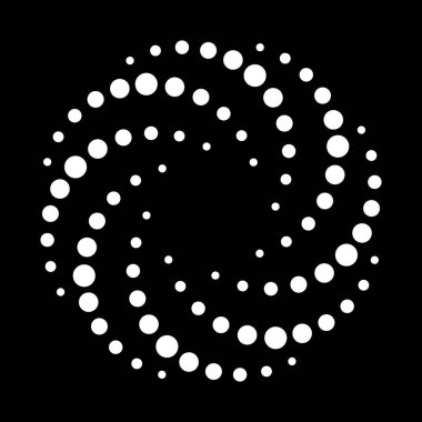 Siyah Arkaplanda Beyaz Noktalar. Modern Soyut Spiral Yarım Tonlama Arkaplanı. Soyut Modern Tasarımı Çevir. Yuvarlak Girdap Minimalist Noktalar Çember şeklinde. Vektör İllüstrasyonu