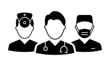Medic Professional Doctors Silhouette Simgesi Ekibi. Erkek Hekimler Uzmanı, Otolaryngolog ve Cerrah Pictogram. Asistanlar ve Siyahi İkon Hemşire. İzole Vektör İllüstrasyonu