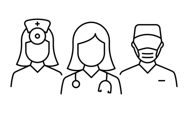 Team of Medic Professional Doctors Line Icon. Male and Female Physicians Specialist, Otolaryngologist and Surgeon Linear Pictogram. Assistants and Nurse Outline Icon. Isolated Vector Illustration — Vettoriale Stock