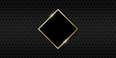 Carbon Fiber Texture with Gold Rhombus Frame. Metal Dark Black Background Perforated by Dots. Black Steel Metal Meshed Background. Grid Pattern. Abstract Modern Design. Vector Illustration