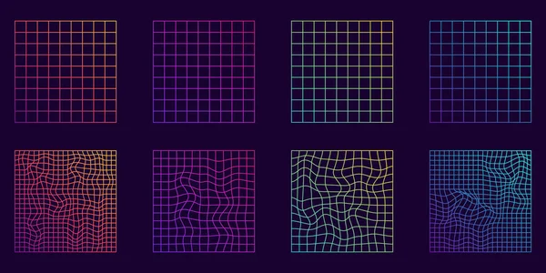 Distorted Grid Square Neon Pattern. Warp Futuristic Geometric Square Glitch. Abstract Modern Design. Wave Ripple Perspective Square. Isolated Vector Illustration — Stockvektor