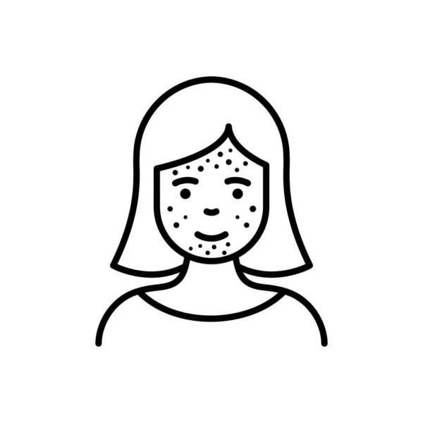 Girl with Blackhead, Acne, Rash on Face Line Icon. Woman with Pimples Linear Pictogram. Allergy, Inflammation Skin, Dermatologic Problem Outline Icon. Editable Stroke. Isolated Vector Illustration — 스톡 벡터