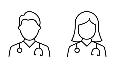 Two Medic Professional Assistants with Stethoscope Line Icon. Male and Female Physicians Specialist Linear Pictogram. Man, Woman Doctors Outline Icon. Editable Stroke. Isolated Vector Illustration