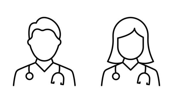 Two Medic Professional Assistants with Stethoscope Line Icon. Male and Female Physicians Specialist Linear Pictogram. Man, Woman Doctors Outline Icon. Editable Stroke. Isolated Vector Illustration — Vettoriale Stock