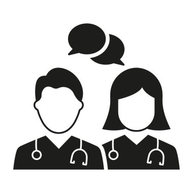 Doctors Consultation with Speech Bubble Black Icon. Physicians Speaking Silhouette Pictogram. Medic Specialist Conversation Icon. Healthcare Chat. Isolated Vector Illustration